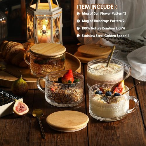 LANDNEOO 4pcs Set Vintage Coffee Mugs gifts for women, Overnight Oats Containers with Bamboo Lids and Spoons - 14oz Clear Embossed Glass Cups, Cute Coffee Bar Accessories, Iced Coffee Glasses - Image 3