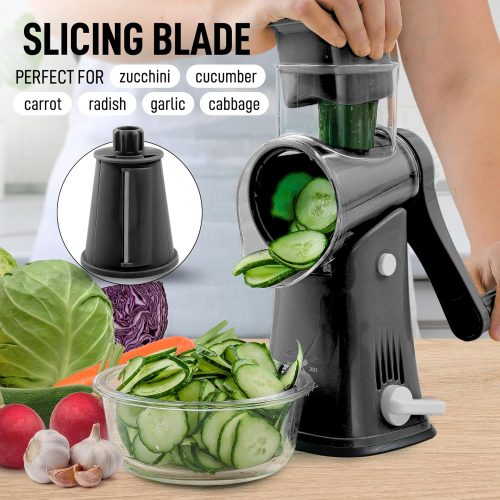 Zulay Rotary Cheese Grater 5 Blade Cheese Shredder - Manual Hand Crank Cheese Grater With Reinforced Suction & 5 Interchangeable Drums - Easy to Use, Vegetable Chopper Round Mandoline Slicer - Black - Image 4