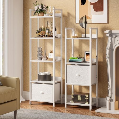 Furologee 5 Tier Bookshelf with Drawer, Tall Narrow Bookcase with Shelves, Wood and Metal Book Shelf Storage Organizer, Modern Display Standing Shelf Unit for Bedroom, Living Room, Office, White - Image 3