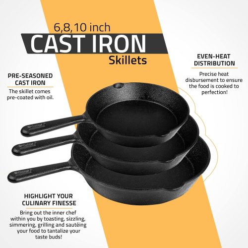 Utopia Kitchen Saute Fry Pan - Pre-Seasoned Cast Iron Skillet Set 3-Piece - Frying Pan - 6 Inch, 8 Inch and 10 Inch Cast Iron Set (Black) - Image 2