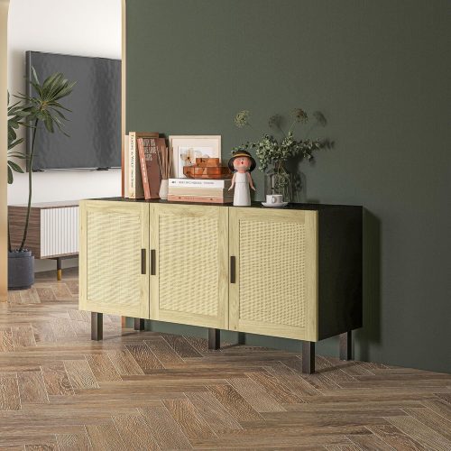 HOMCOM Sideboard Buffet Cabinet, Kitchen Cabinet, Coffee Bar Cabinet with 3 Rattan Doors and Adjustable Shelves, Black and Natural - Image 2