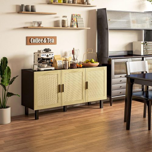 HOMCOM Sideboard Buffet Cabinet, Kitchen Cabinet, Coffee Bar Cabinet with 3 Rattan Doors and Adjustable Shelves, Black and Natural - Image 3