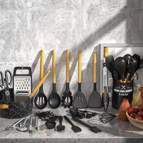 Kitchen Utensils Set- 34PCS Silicone Cooking Utensils with Holder, Umite Chef Heat Resistant Kitchen Utensil Spatula Set for Nonstick Cookware, Black Wooden Handles Kitchen Gadgets Tools Set - Image 3