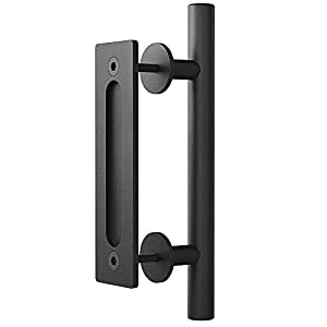 (All-New) Haritoft 12? Sliding Barn Door Handle Pull and Flush Hardware Set, Flat Back-Plate Design, Rustic Black