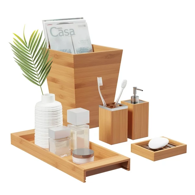 Bamboo Bath Accessories-5-Piece Set Natural Wood Tray, Lotion Dispenser, Soap Dish, Toothbrush Holder, Wastebasket-Bathroom and Vanity by Lavish Home